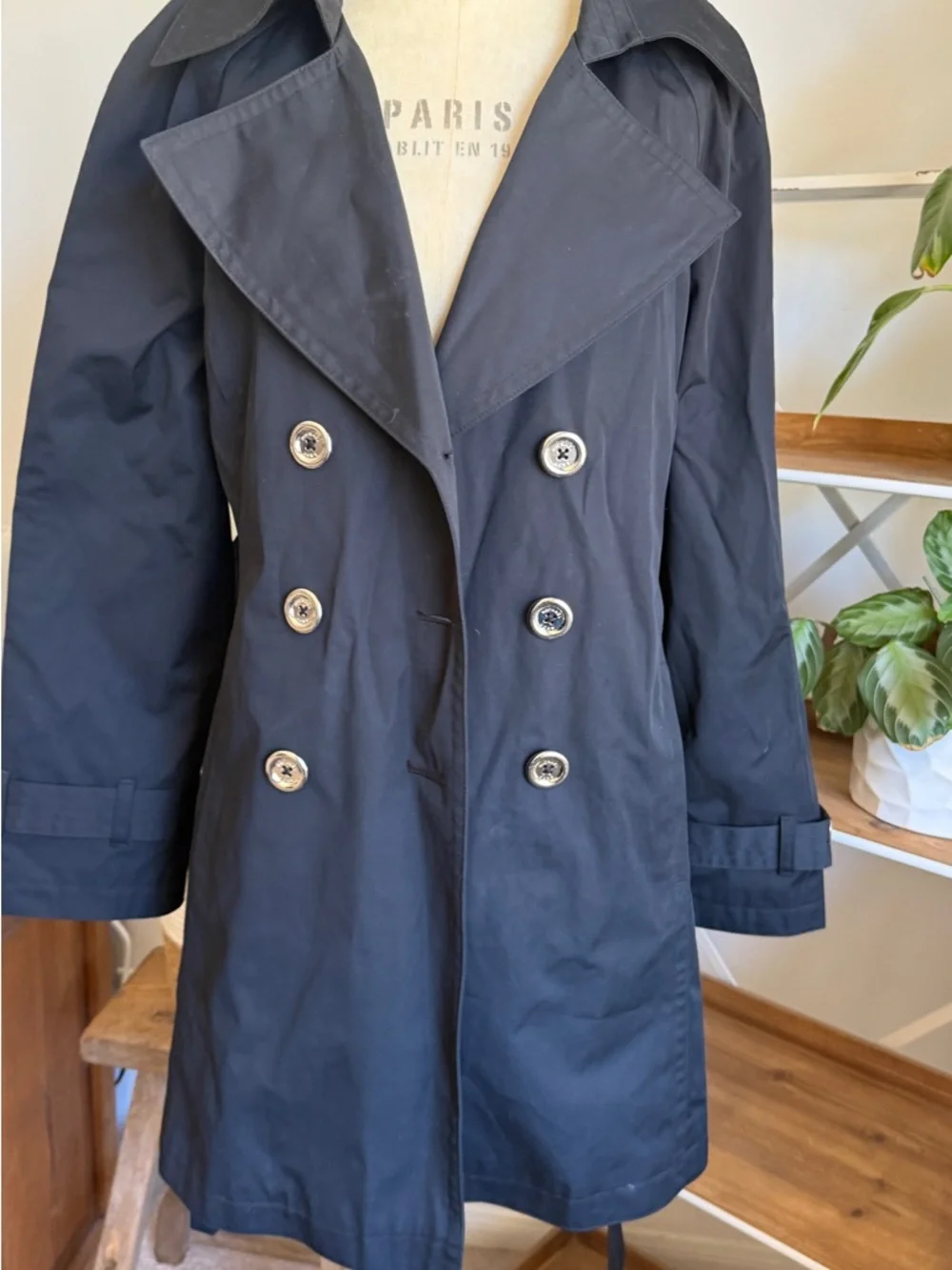 MICHAEL Michael Kors Black Double-Breasted Trench Coat Rain Coat with Belt - Picture 6 of 8